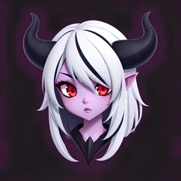 a 3d logo of an anime devil girl with light purple skin, red eyes and half white half black hair, and black horns