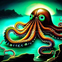 ultra detailed fullbody Drawing of a Cyborg octopuss on the shore ,metal body, open mouth, with sharp teeth, with glowing Green eyes, extremely detailed digital painting, intrincate, extremely detailed face,crystal clear Big eyes, in the style of Frank Frazetta, mystical colors , perfectly centered image, perfect composition, rim light, beautiful lighting, 8k, stunning scene, raytracing