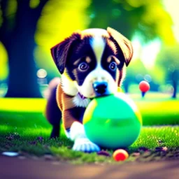 Cute puppy playing with his ball in the park.