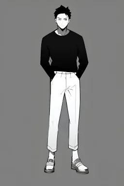 a boy, black undershirt, white shorts, blue eyes and black hair, stand-still, front, alone, hikikomori, introvert, detailed, full body, gloomy, expressionless, grayscale, black and white, no background