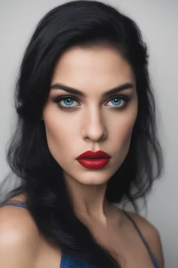 an extremely ugly abomination of a girl with great big pouty lips:1.5 and a humongous nose:1.5, wide set slanted soft blue eyes, extremely pointed chin, black hair, Wonder Woman, medium long shot, wide angle shot, full body image, head to toe, red lipstick