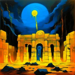 A yellow glowing ruins with clocks in a thunderstorm designed in ancient Egyptian hieroglyphics painted by Alexej von Jawlensky