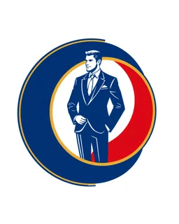 A circular logo with a vector of a groom in a suit at the top of the logo in a blue, red, white and gold color theme.