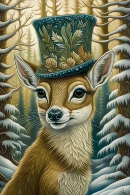 Cute realistic whitetail fawn wearing a top hat; big pine trees all around; in the style of josephine wall