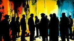 silhouettes in chaos is the new regime, abstract painting, use flat bright colors displayed art, Charcoal, Metallic Ink: merging into walls of shadow., refugees, conformity, Analogue film photo, , 1950s, candid, retro analog, 35mm film, film grain,