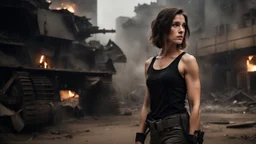 beautiful slender caucasian female technician with a knife, looking away from camera, black tank top, well toned muscles, weathered face, scratched sand camo metal details, short brunette wavy bob haircut, dystopian, postapocalyptic city scene with smoke and explosions. giant robot in the background