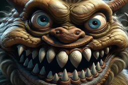 closeup of a maniacal grinning monster's face, big teeth, fur, bumps and curled horns, my pet monster inspiration, urban character design