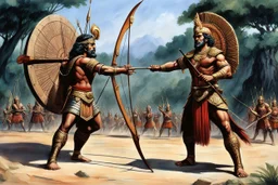 [art by Ray Harryhausen] As Arjuna and Duryodhana stand shoulder to shoulder, facing the same wooden target in the archery contest, their skills as archers are undeniable. Both warriors possess remarkable talent and prowess with the bow, each capable of hitting their mark with precision and power. Arjuna's form is impeccable, his arrows flying true and striking the target with effortless grace. His mastery of archery shines brightly, captivating the spectators and earning him admiration and acc