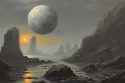 Grey sky with one exoplanet in the horizon, rocks, mountains, 80's sci-fi movies influence, rodolphe wytsman impressionism paintings