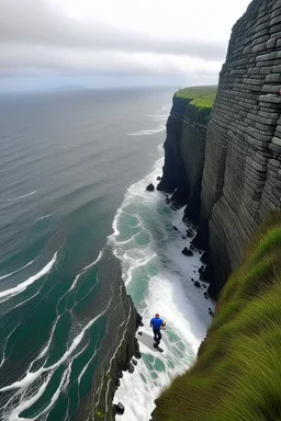 from first person view, we are climbing on the steep bluffs of ireland. below us is the powerful ocean, inspiring fear and chaos. The ocean swirls and churns into a great hole in the ocean, at the base of the cliff. Around us are steep cliffs, and above us is more steep cliffs, waiting to be climbed!