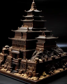 A dark brown Japanese palace on a mountain made out of gingerbread painted by Pablo Picasso