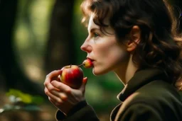 a woman about to bite an apple, looking in profile, close-up, blurred background of a forest, photography