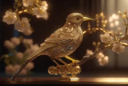 An image of a crystal bird covered in gold etching and diamonds, perched on a branch of cherry blossoms. The scene is illuminated by a soft, ethereal light, enhancing the intricate details and textures of the bird and the surroundings. The art style is detailed, realistic, and captures the magical essence of the scene, trending on ArtStation. The composition combines elements of classical elegance and modern fantasy, reminiscent of the masterful works elegant fantasy intricate high