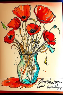 Sketchy sharp line wet watercolour of a vase of poppies in the style of john blockley