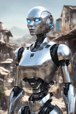 silver humanoid robot, with a human face, standing looking over a small alien town