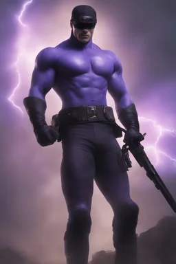 Kent Walker aka THE PHANTOM, Strong, athletic physique, Flexing poses, skin-tight, formfitting purple bodysuit, skin-tight, formfitting purple cowl, black eye disguise, black utility belt, double holstered pistol belt, black knee-high boots, glowing white eyes, battle scars, blood, ((foggy, cloudy background, multicolored lightning, flowing lava, Full Eclipse, aliens, explosions, bright, vibrant, extremely colorful, detailed, blood red skies))