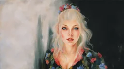 beautiful girl ,mugshot, Planet of the Vulcans, multicolored, large, floral designs, atmospheric, beautiful, oil painting by Frank Frazetta, 4k UHD, Photorealistic, professional quality