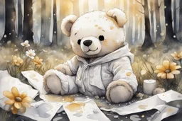 close-up of a cute chibi teddy bear packing piles of white clothes in the forest, laundry machine, grass and flowers next to him, melting watercolour and black ink outlines on wet paper, photorealistic, golden glitters S<AI in sunshine, ethereal, cinematic postprocessing