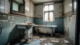 Un baño viejo y destartalado con paredes desmoronadas, suelo y paredes de baldosas y bañera. La habitación tiene una sensación de abandono y decadencia, con una atmósfera lúgubre y inquietante. Un elemento desubicado esta en el suelo, un cubo de neon azul que iriradia luz sobre su entrono.