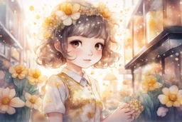 double exposure, flower shop, cute chibi salesgirl in flower uniform in sunshine, watercolor and black ink outlines, sparkling golden glitter, ethereal, cinematic postprocessing, bokeh, dof