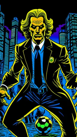 Diego Forlan Football soccer player fighting black suite. Dark detective comic. comicBook cover batman style detective mistery 1990.