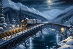 Realistic painting of a train crossing over a frozen river on a bridge between winter wonderland mountains with christmas lights