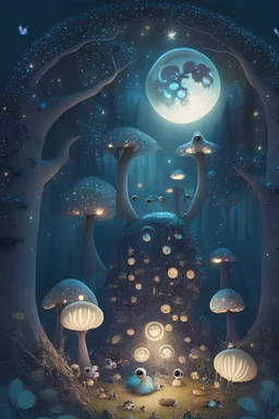 An enchanted forest with glittering trees and a big round mysterious moon and little cute shiny goblins with big round eyes everywhere and mushrooms glittering under the moonlight