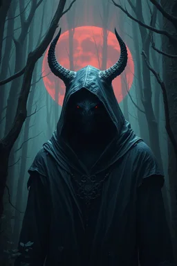 A hooded creature in the forest , dark material, surrealist, elementals, intricate background, masterpiece, octane rendered, artstation