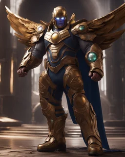 An armor made of a mixture of steel and leather, worn by a strong commander with magical power infinity gauntlet has six infinity stones And two big wings on his back