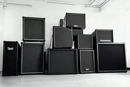 A pile of several guitar speakers in an empty white room