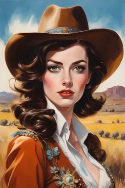 Anne Hathaway, Big Eyes, Long Eyelashes, Eyeshadow in a cowgirl outfit on a ranch, by Gil Elvgren and Alex Ross and Carne Griffiths, detailed painting with dramatic shading