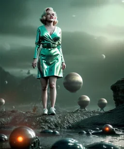 Ultra Realistic retro sci-fi 1960 scene, waist up view portrait, blonde woman, sweet young Marilyn Monroe face, perfect iris, tight latex coat, alien planet background, tight style, steel sphere dron levitating, fog, rain, soft color, highly detailed, unreal engine 5, ray tracing, RTX, lumen lighting, ultra detail, volumetric lighting, 3d, finely drawn, high definition, high resolution.