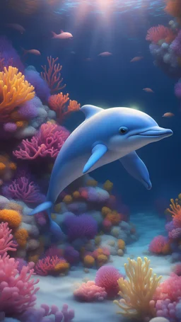 Kawaii, Cartoon, one cute dolphin in the ocean floor with bright colorful corals, All body, with sweet eyes, two fins and a perfect dolphin tail , blue and pink and yellow fluorescent lighting, Caricature, Realism, Beautiful, Delicate Shades, Lights, Intricate, CGI, Botanical Art, Animal Art, Art Decoration, Realism, 4K , Detailed drawing, Depth of field, Digital painting, Computer graphics, Raw photo, HDR