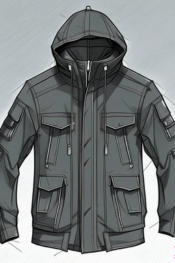 Sketch of outdoor cool black jacket with pockets and hoodie.