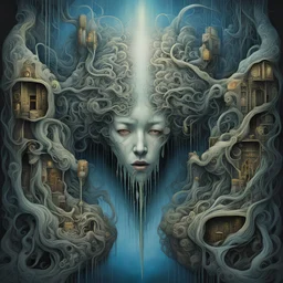 Straggle of mist-covered locks, great reflective key folded into itself and driven underground, reflective, surrealism, by Dave McKean, by Tomasz Setowski, by Johnson Tsang, stylish, vivid colors, asymmetric landscape, expansive, surreal, Socratic method, melting acrylics, album art, horror