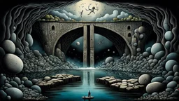 dreamlike inner world with uncontrolled mind and neurodivergens soul, floating rocks over surreal cracked weird landscape . between two dark door one stone bridge over black river, . deep dark colors. Whimsical strange style of Chagall, of Quentin Blake, andYoshitaka Amano of Anton Semenov. some black human creature sitting , flotaing, walking in picture, weird absurd beauty nightmare, black shadow, in background neuronic network, surreal vibe, cinematic