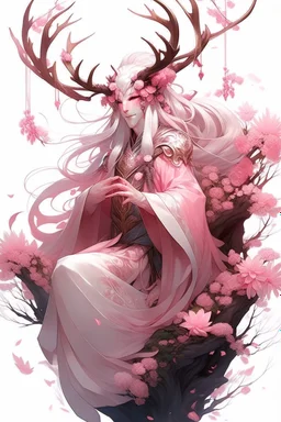 Pink hair spring cherry blossom Eladrin Male antlers beard druid of the stars