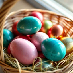 digital photograph of modern basket colorful Easter eggs. eggs display in azure, emerald, blush,red, crimson,gold, sapphire,metallic cinematic HDR backlighting highlights subtle dimples and glossy reflections, with shallow depth of field softening the sunlit background. hyperrealistic 8k resolution,
