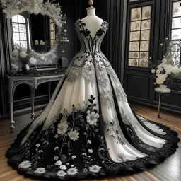 On a display shelf finely detailed glowing crystal Colorful dinner dress, Handmade embroidery, black, gorgeous wedding dress, exquisite lace and amazing large skirt, large lace bodice embroidery flower tailing wedding dress, the three - dimensional embroidery spread is extremely romantic, and the fluffy, plump and soft skirt has infinite charm. The elegant off white layered simple atmosphere wedding dress has a unique shape, and the slender waist lines are smoothiя Wi and natural