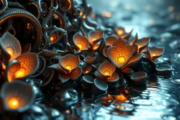 Macro photography of a sci-fi ecosystem. metallic recursive architectural elements merging with organic bioluminescent plant life. The water in the nearby stream shows impossible fractal ripples and metallic sheen. Intricate procedural patterns, high-tech nature, hard-surface modeling aesthetics mixed with soft organic curves, subsurface scattering on petals, high-gloss metallic reflections, 4k, Octane Render style.