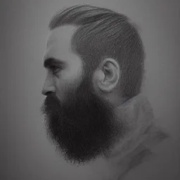 moody charcoal side profile portrait of a bearded man, pencil portrait, side on profile, charcoal portrait, artistic black and white profile portrait, delicate, highly detailed, chiaroscuro, beautiful composition, delicate arrangement, aesthetic, soft lighting, tender