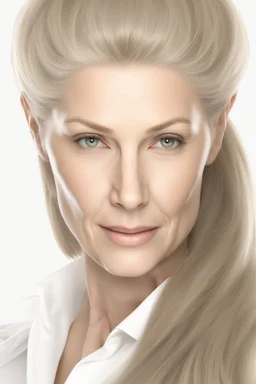 realistic, (49yr old female)without makeup, Caucasian beautiful face, 3/4 head position, dark hair, studio lighting, cinematic light, beautiful woman, milk beige middle hair, perfect anatomy, on white background, 8k Resolution, highly detailed, non-symmetrical body a, detailed hairstyles and skin texture