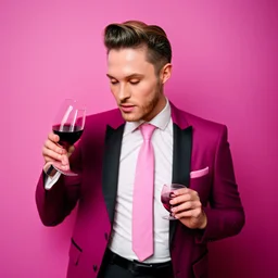 man in a pink suit, glam style and a glass of red wine in his hand, pink background too, real photography, portrait photography