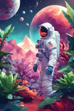 (((close midshot))), (((low poly art:2))), (astronaut), ultra-detailed illustration of an environment on a dangerous:1.2 exotic planet with plants and wild (animals:1.5), (vast open world), astronomer inspired, highest quality, no lines, no outlines candid photography.