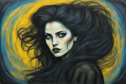 create full body oil pastel of a dark haired, savage, gothpunk vampire girl with highly detailed , sharply defined hair and facial features set against a swirling chaotic background, in the style of ODILON REDON and JEAN-FRANCOIS MILLET