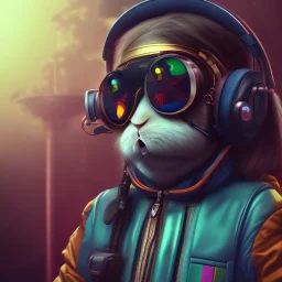 stylized Rabbit toddler, smiling, cyberpunk headphone, sunglass, gangsta gold neckless, full body, magenta puffer jacket, manila city backdrop, dramatic lighting, hyper realistic, unreal engine 5, 16k