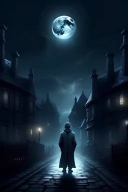 A magical character possessing wisdom and deep thinking, he emerges onto a dark street surrounded by magical houses. The moonlight shines from behind him as he gazes at the camera.