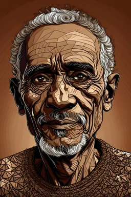 a half of body, Black and brown drawing of a man,65 years old, BLACK eyes,little smile from under forehead, fantasy, detailed, mate colour background ,ebesiyasku