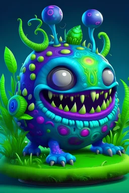 a colorful alien,body is bulbous and round, with a multitude of inflatable limbs,adorned with various patterns and textures, the lush foliage.greens to deep blues and purples,head is round and oversized, with large, expressive eyes. Its mouth is a wide, friendly grin.antennas.crown