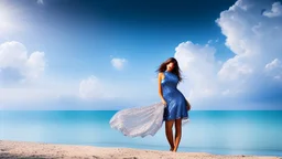 very nice real face beautiful sexy roman with make up at the beach standing pose in a short lace dark blue and silver dress, full body, 3D coudy sky volumetric nice clouds 8k sharp focus